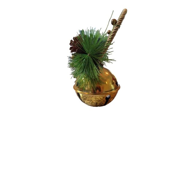 Gold Christmas Jingle Bell Ornament Pinecone Greenery Twisted Rope Handle - Picture 2 of 7